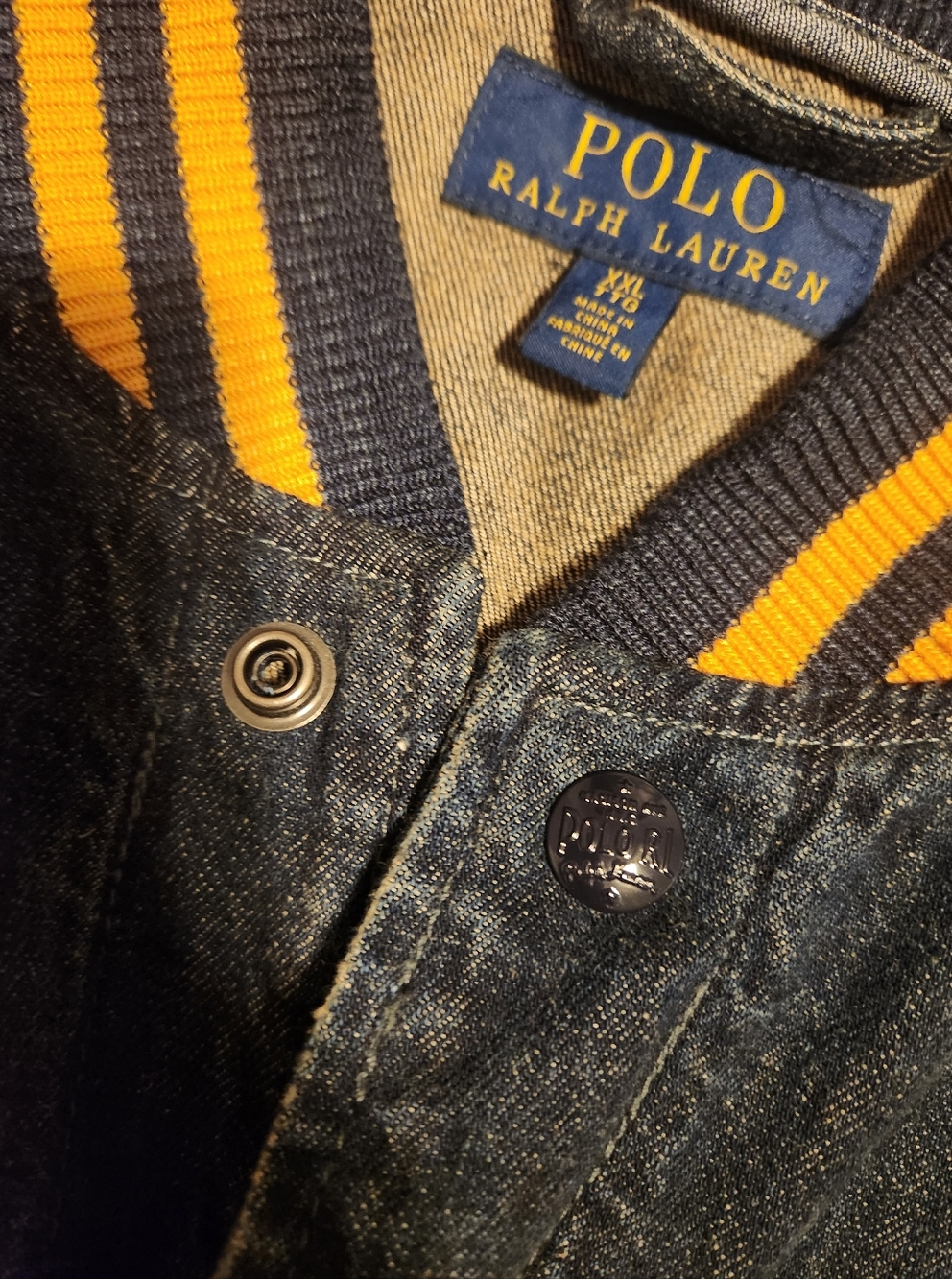 Polo by Ralph Lauren Navy Denim Bomber Jacket with Yellow Trim - Picture 2 of 5